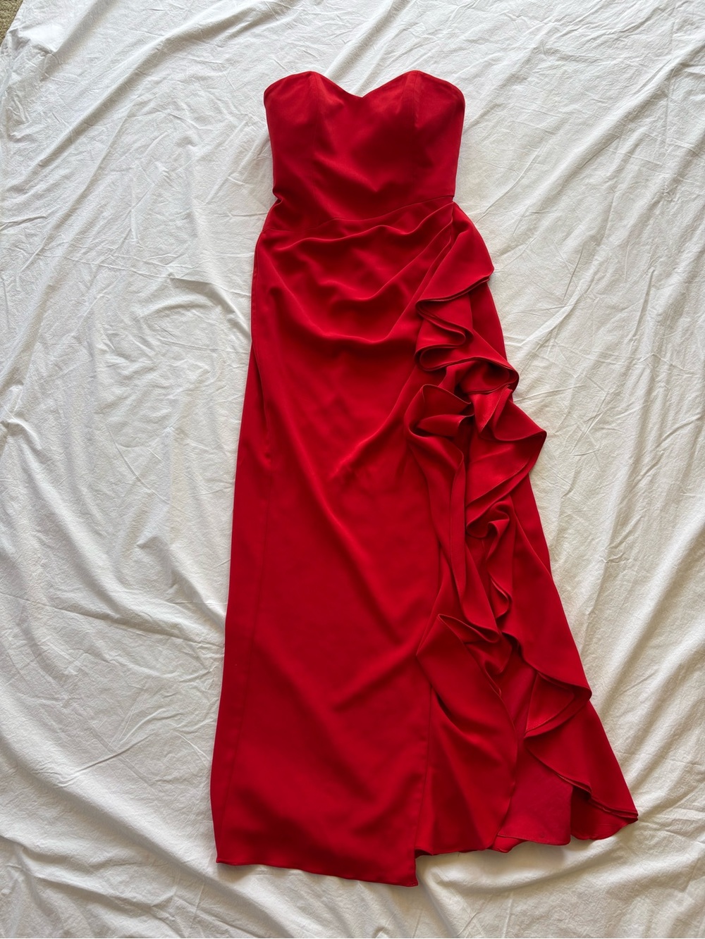 Badgley Mischka Strapless Red Ruffle Evening Gown